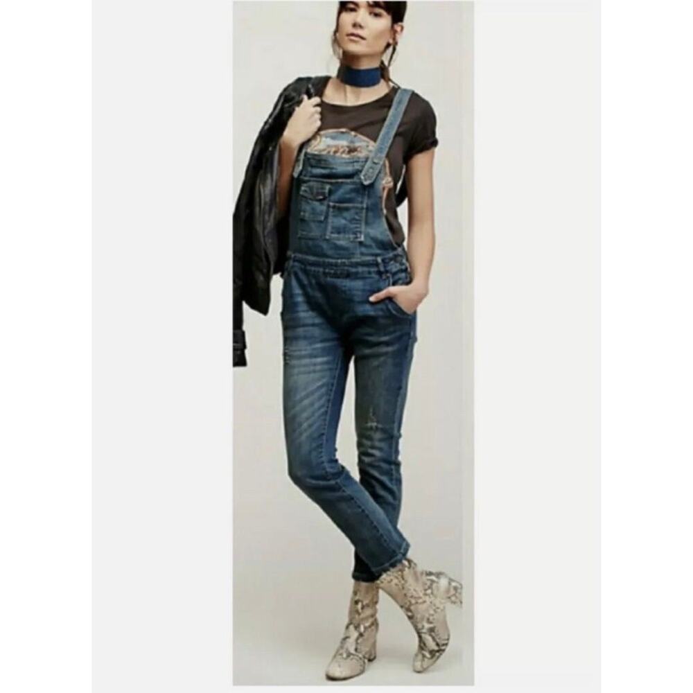 Free People Milo Medium Washed Distressed Five Pocket Denim Overall